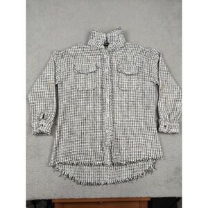 Maniere De Voir Jacket Womens 14 Gray Tweed Check Longline Fringe Hem Button